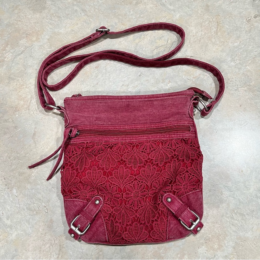 Crossbody Crocheted Floral Overlay Denim Like Mineral Washed Purse